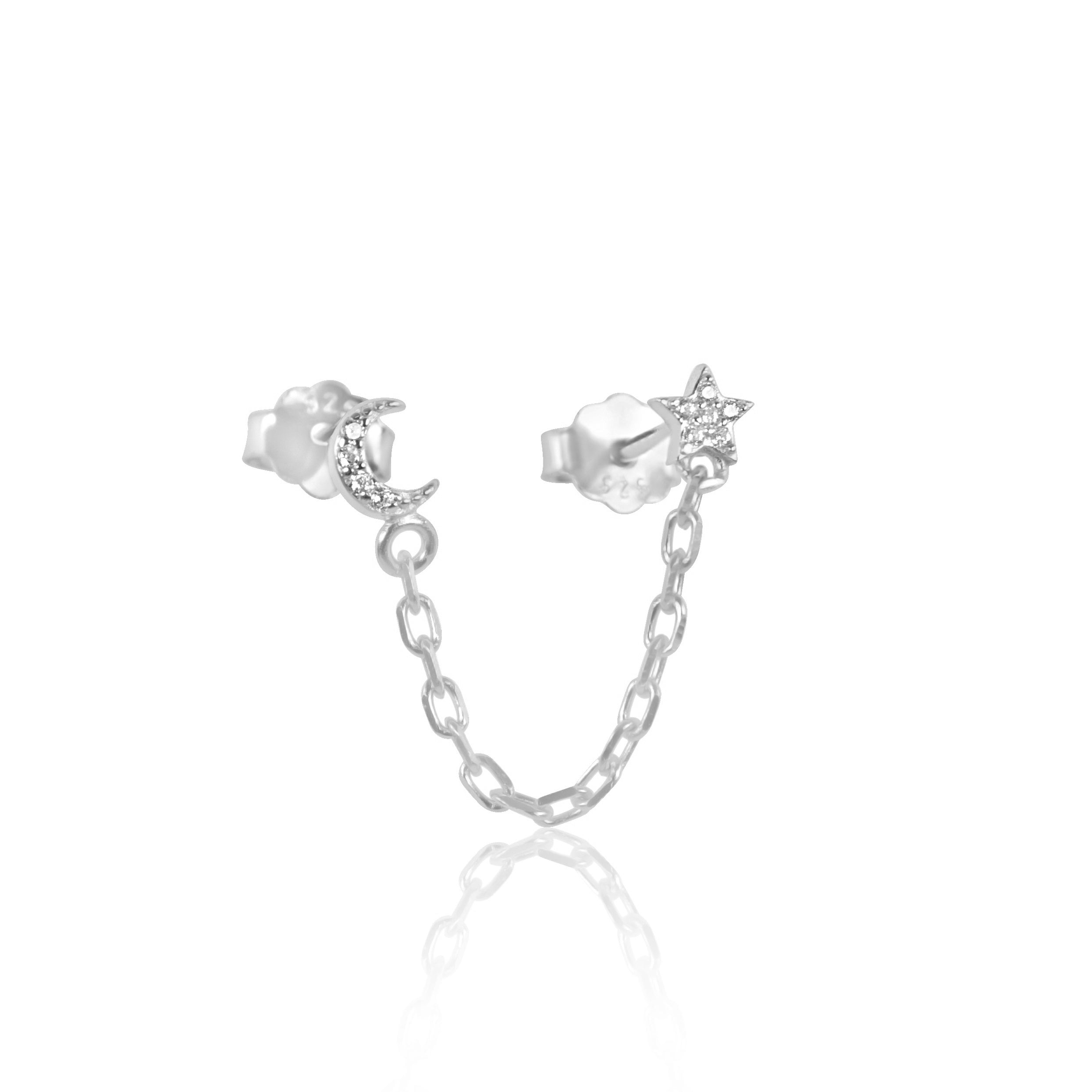 Star & Moon Chain Stud Earring | 925 Sterling Silver | Connector Stud