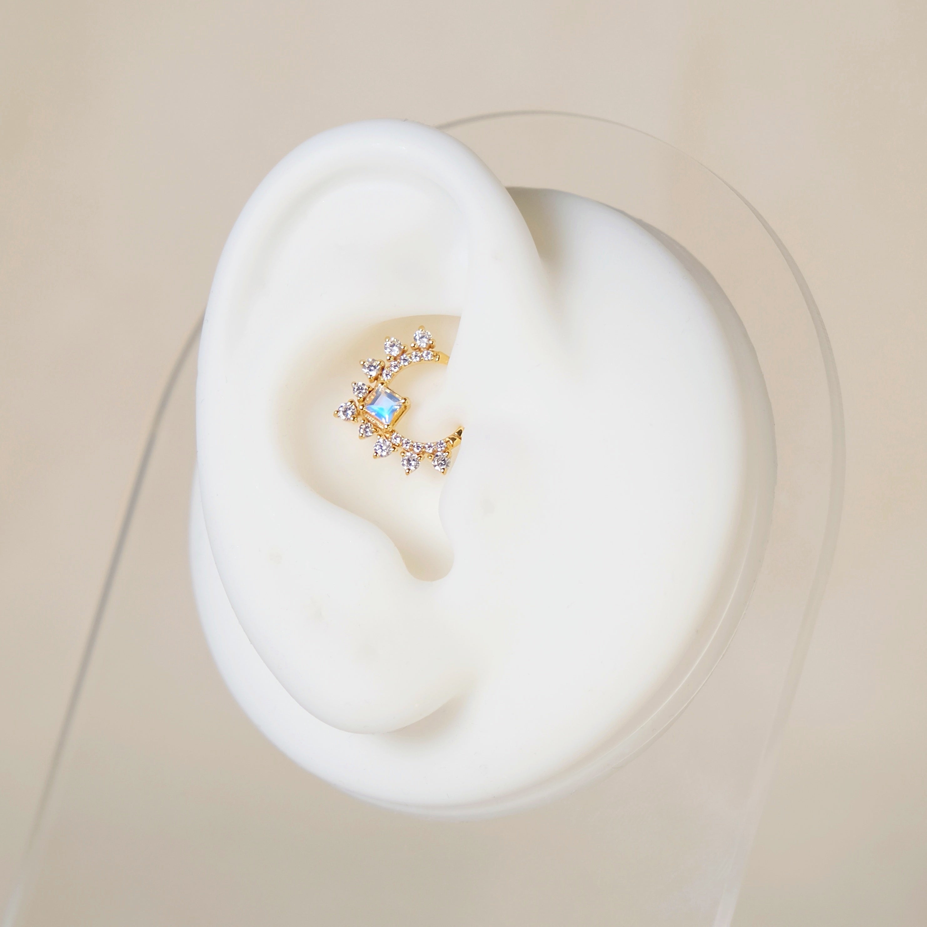 Moonstone Gemstone Daith Piercing Hoop 8mm - 14K Solid Yellow Gold