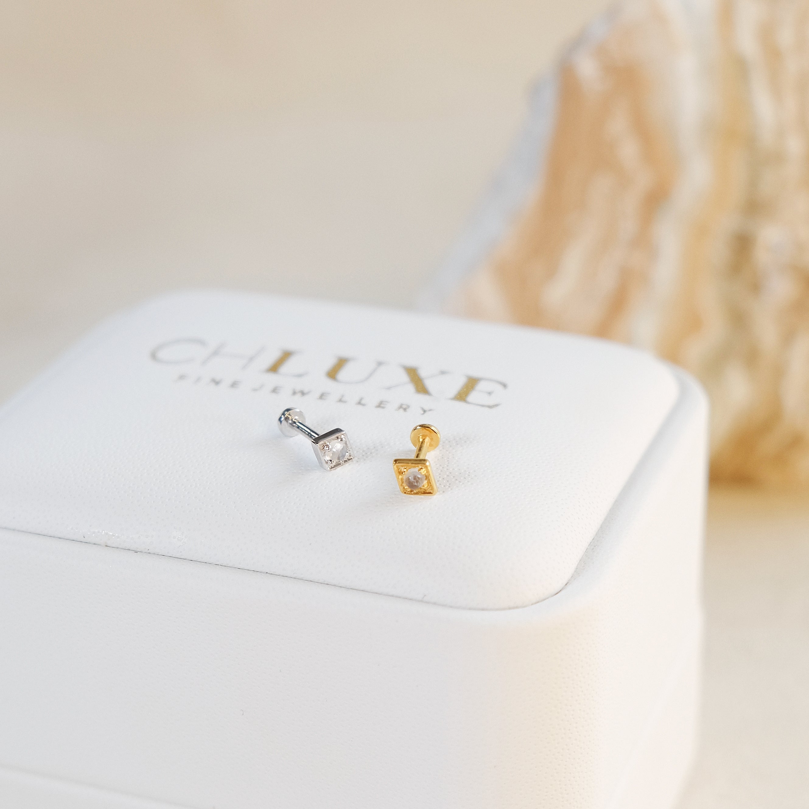 Moonstone Gemstone Tragus Labret Piercing Stud - 14K Solid Yellow Gold