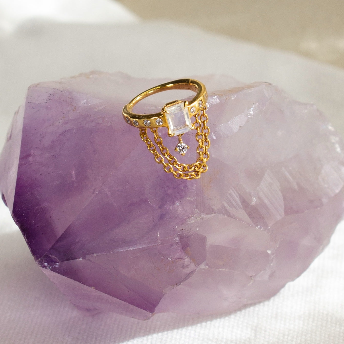 14K Solid Gold Moonstone Gemstone Conch Piercing Hoop