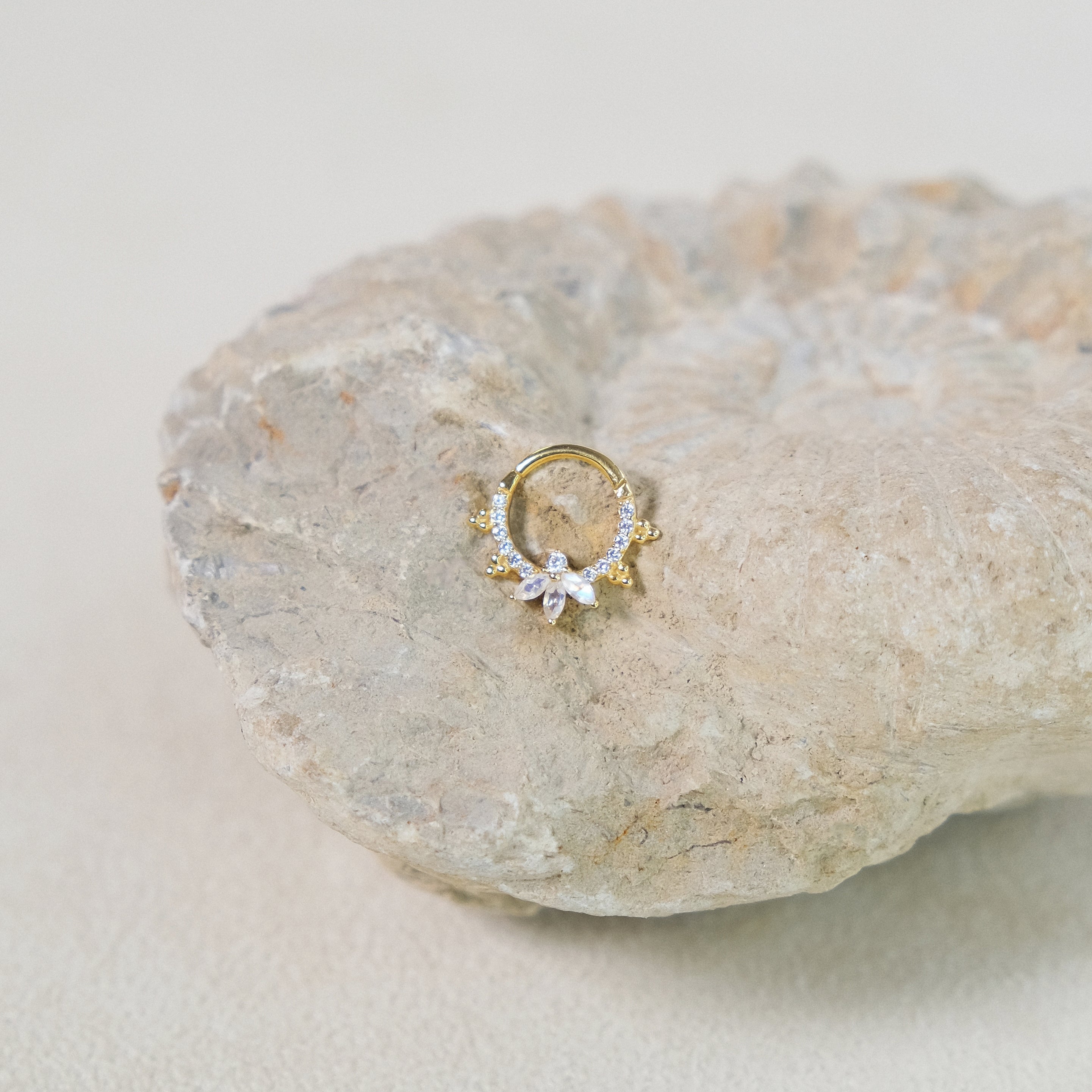 Moonstone Lotus Daith Piercing Hoop 8mm - 14K Solid Yellow Gold