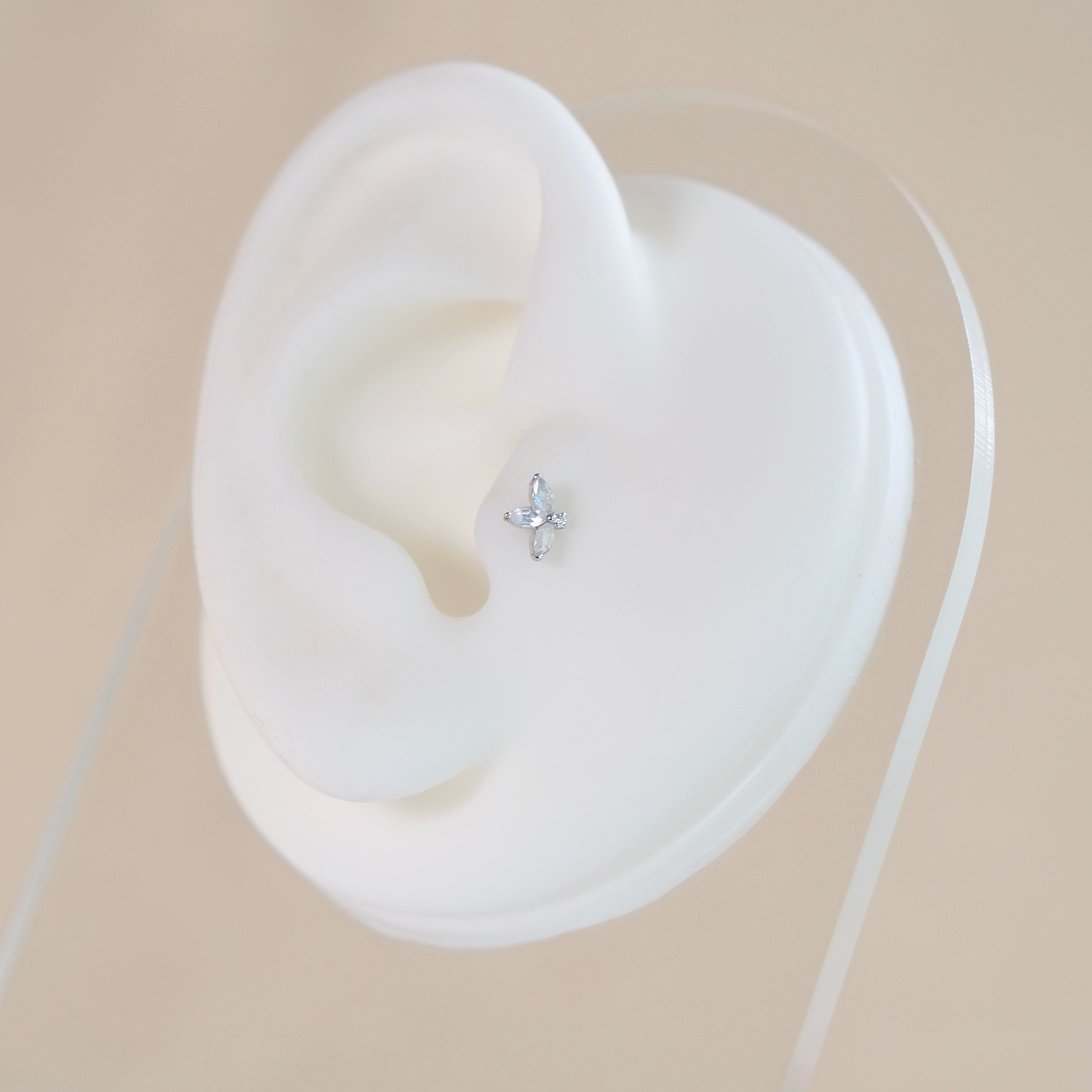 Lotus Moonstone Gemstone Flat Back Labret Stud - 14K Solid White Gold