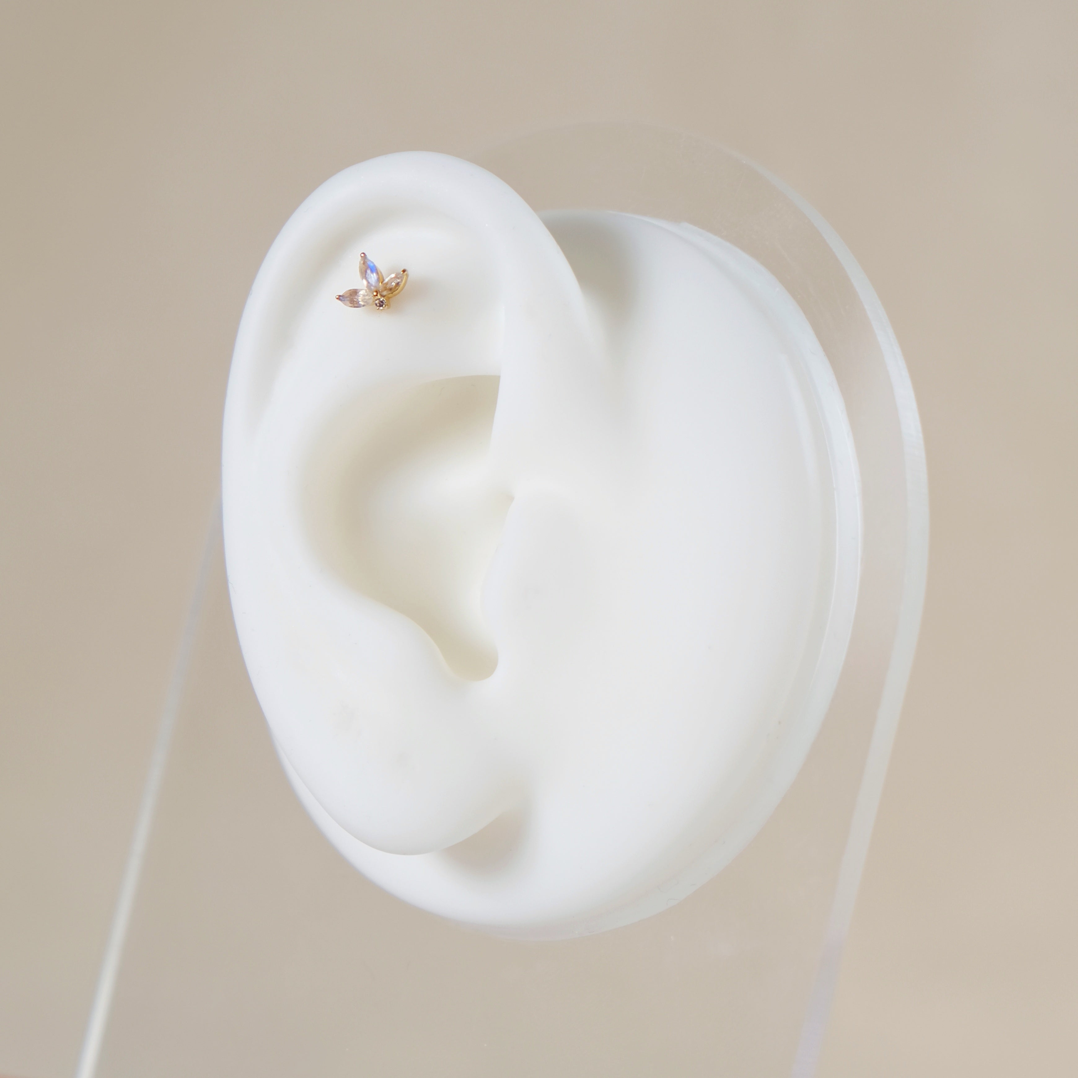Lotus Moonstone Gemstone Flat Back Labret Stud - 14K Solid Yellow Gold