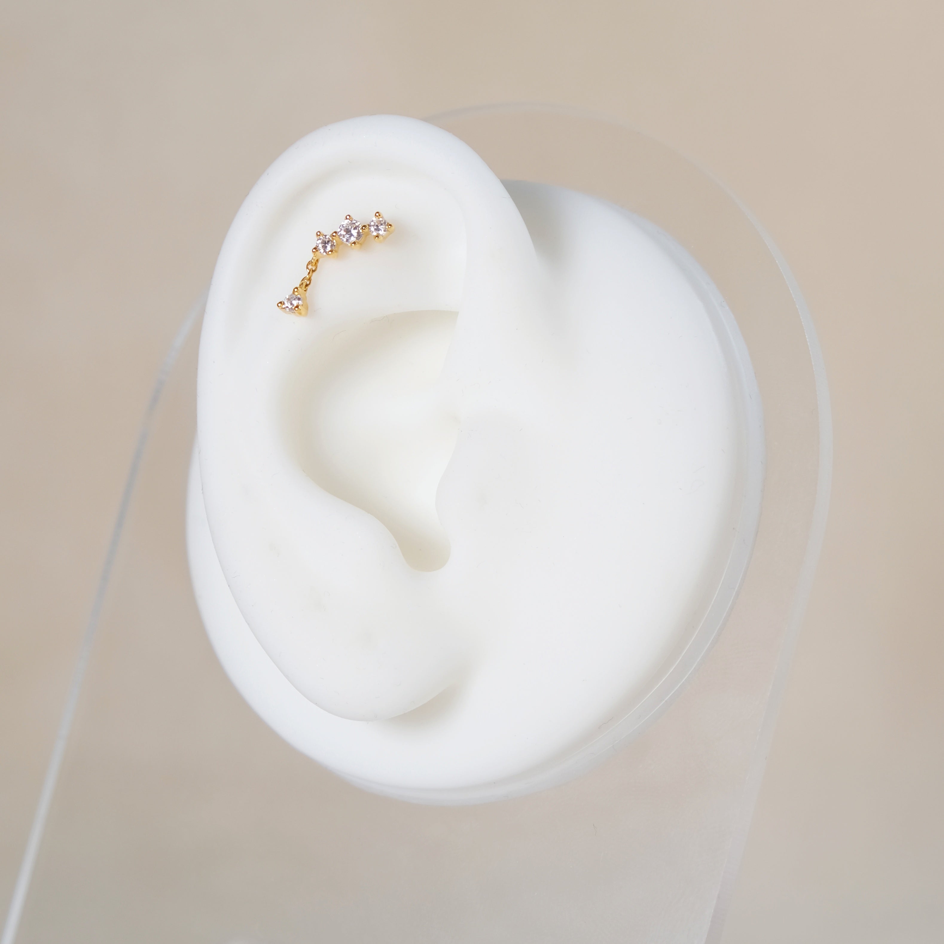 Dangle Chain Crystal Helix Labret Stud - 14K Solid Yellow Gold