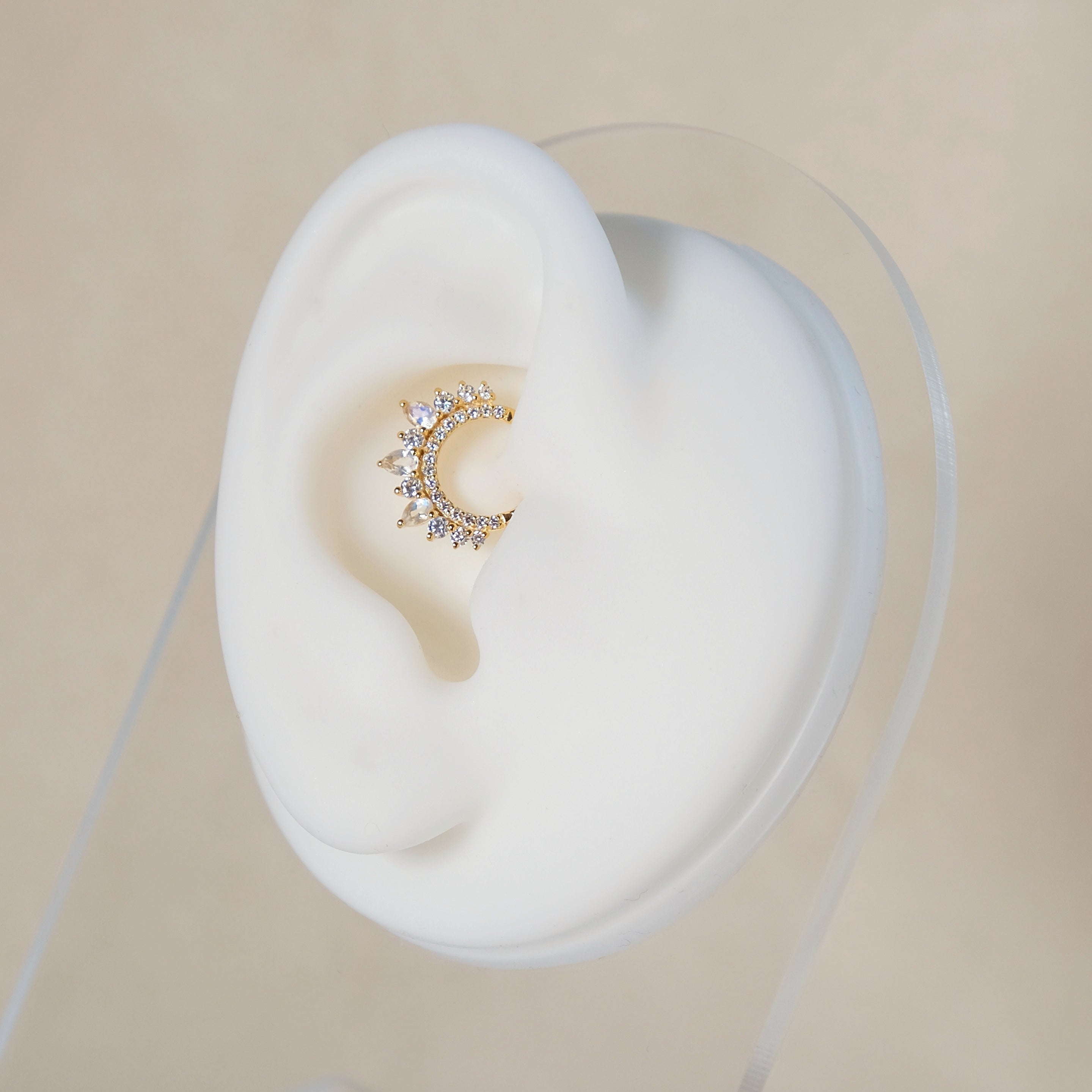 Moonstone Daith Piercing Hoop 8mm - 14K Solid Yellow Gold