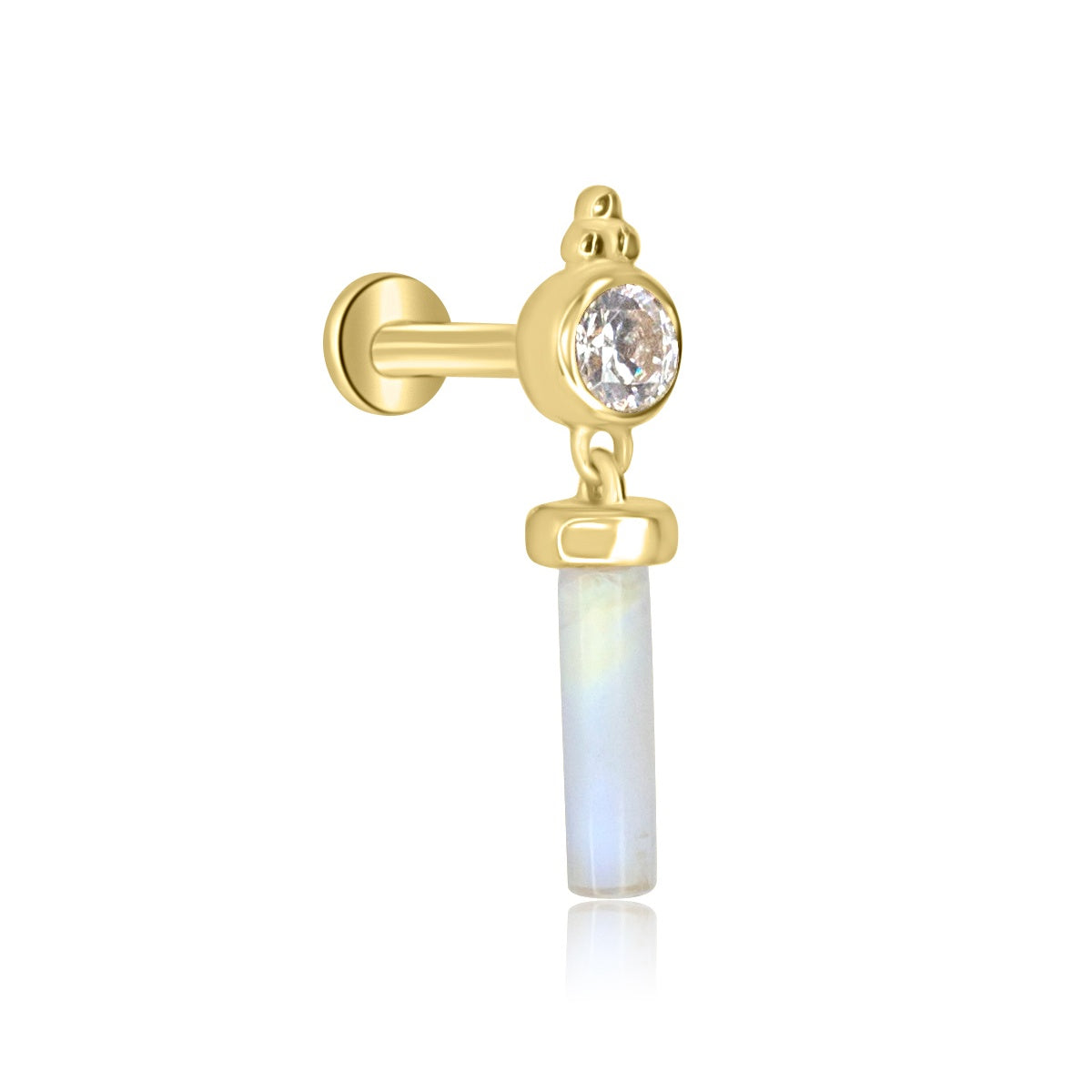 Moonstone Gemstone Dangle Labret Piercing Stud - 14K Solid Yellow Gold