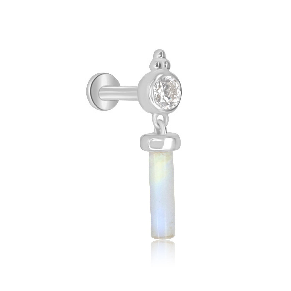 Moonstone Gemstone Dangle Labret Piercing Stud - 14K Solid White Gold