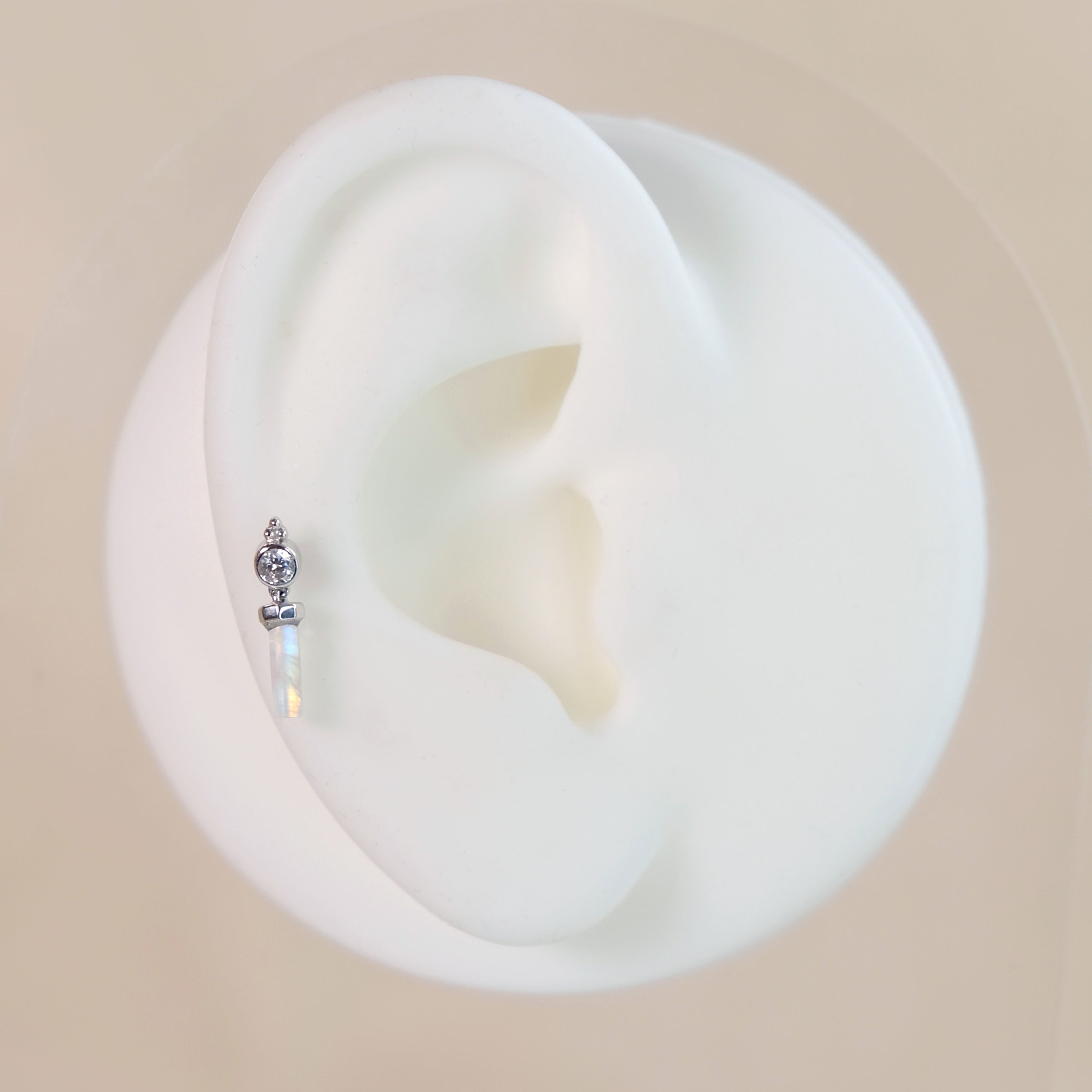 Moonstone Gemstone Dangle Labret Piercing Stud - 14K Solid White Gold