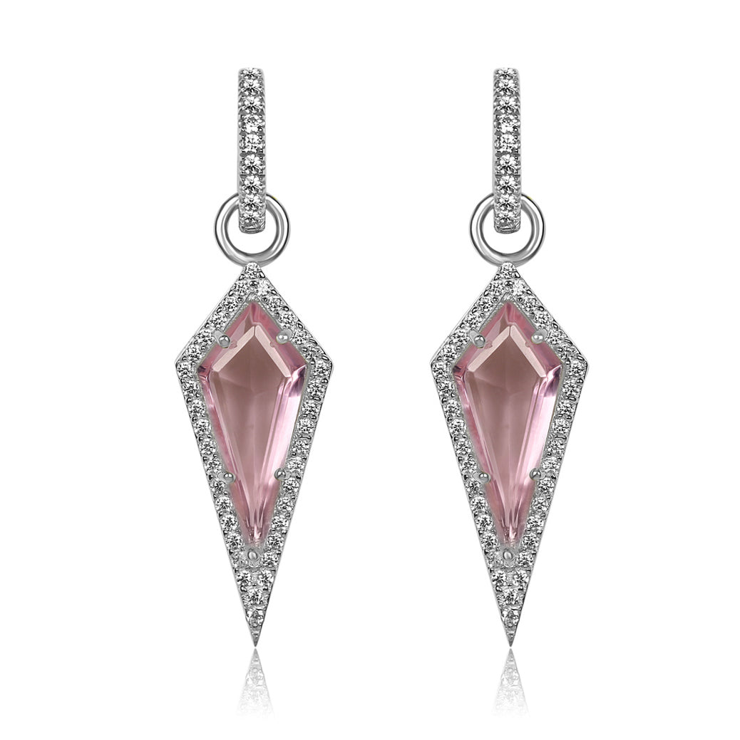 Pair of diamond-shaped pink earrings with silver accents on a white background