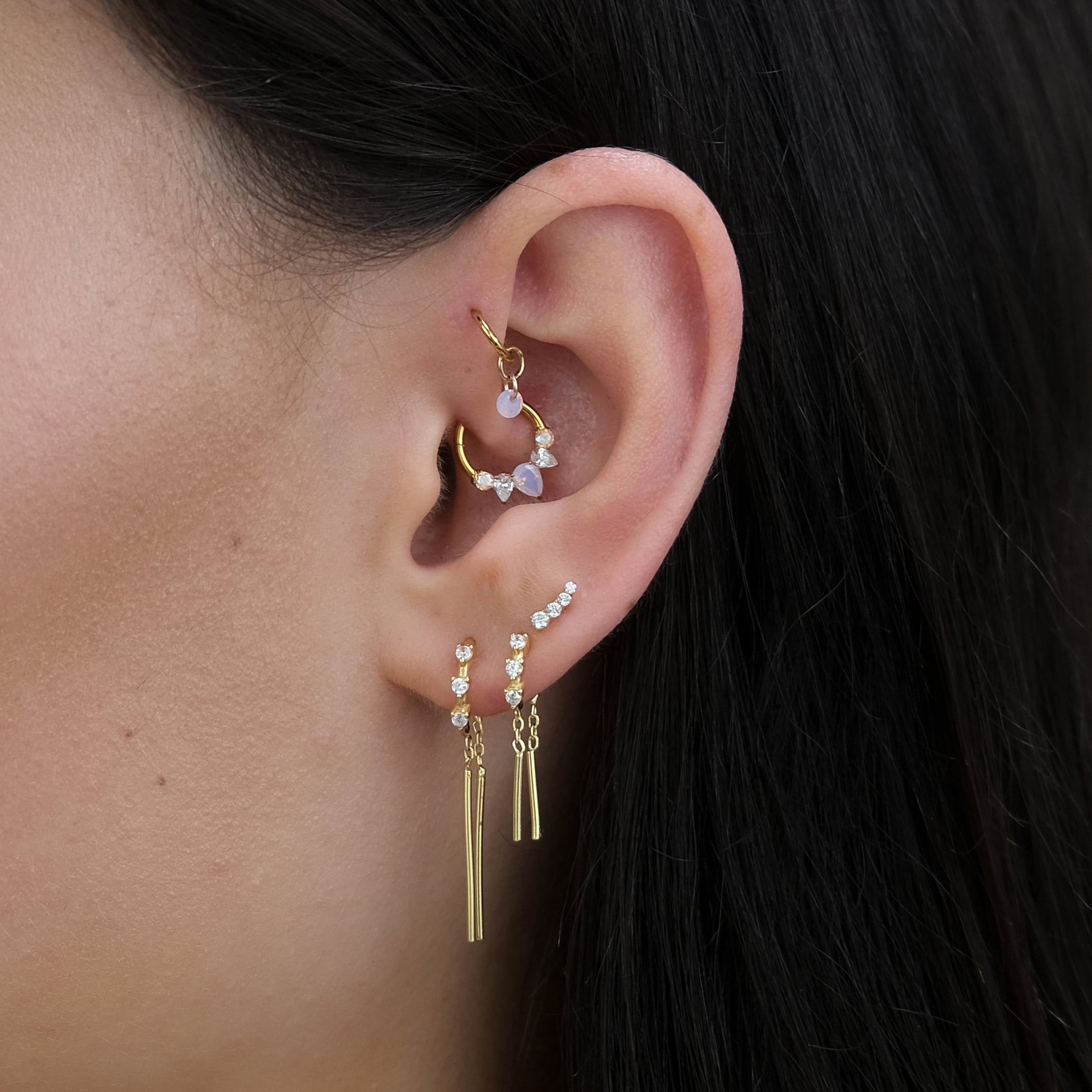 Tiny Solitaire Rook Hoop - Pink Opal