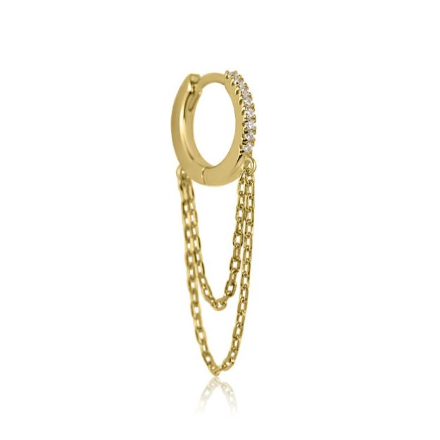 The NYX Double Chain Crystal Huggie Hoop by Crystal Heaven London is a gold earring with small diamonds, featuring two hanging chain loops made from sterling silver.