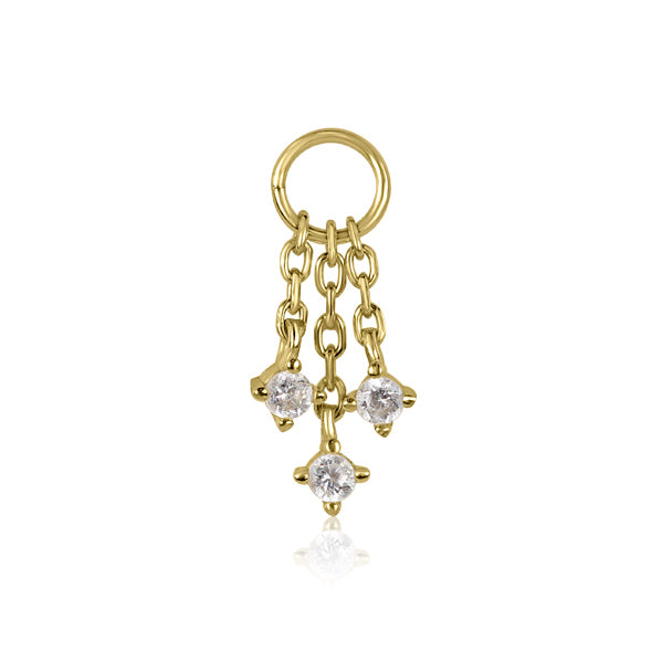 The ELIXIR Droplet Earring Charm by Crystal Heaven London features gold hoops with layered chains, each ending in a round, clear cubic zirconia, set against a pristine white background.