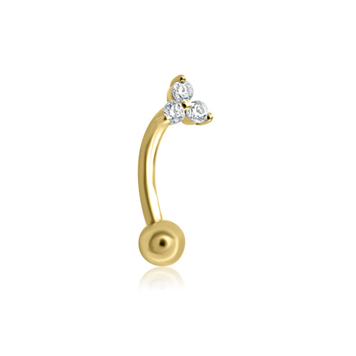 Trinity Crystal Curved Rook Barbell - 14K Yellow Gold