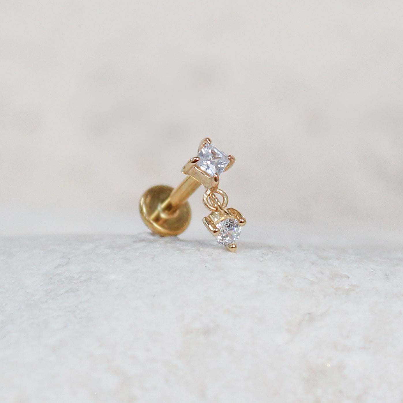 Crystal Dangle Earring | Threadless Stud For Helix Piercing | 9K Gold & Titanium