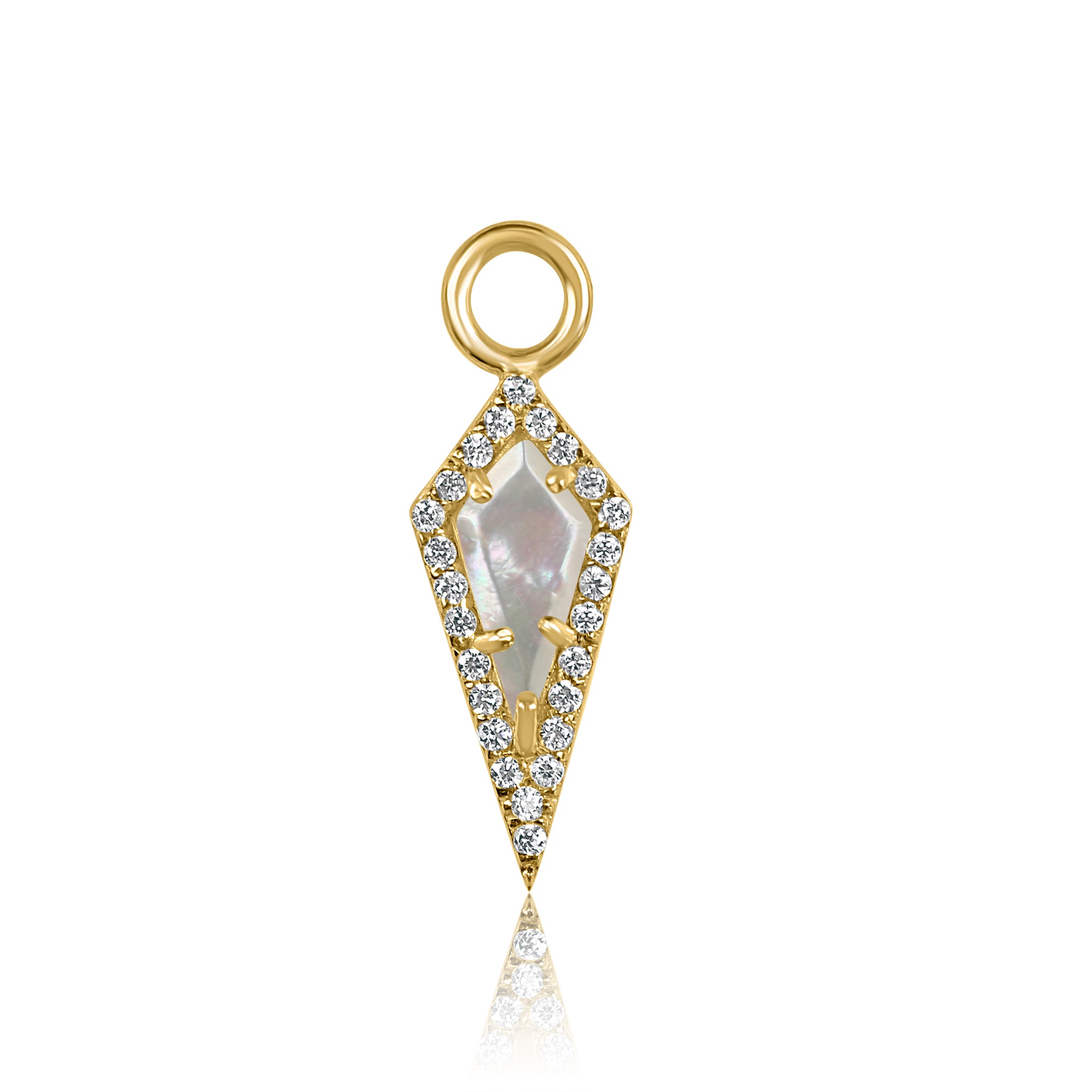 The AURA Mini Mother Of Pearl Pavé Kite Charm by Crystal Heaven London is a limited edition pendant featuring a central iridescent stone reminiscent of Mother of Pearl, framed by small gemstones, with a circular loop on top.