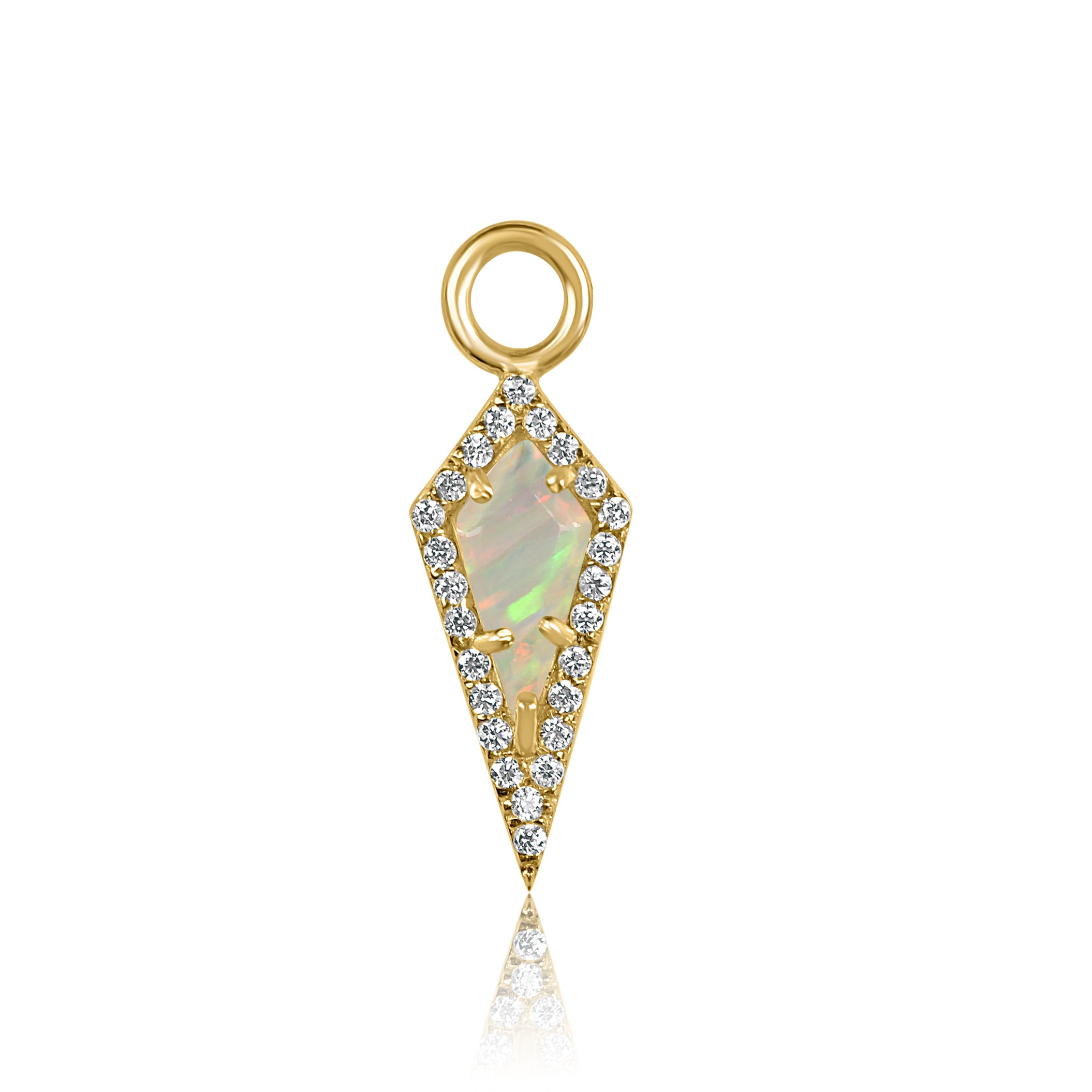 The AURA Mini Opal Pavé Kite Charm by Crystal Heaven London features a sterling silver pendant with an opal center adorned by pavé crystals, offering elegant style.