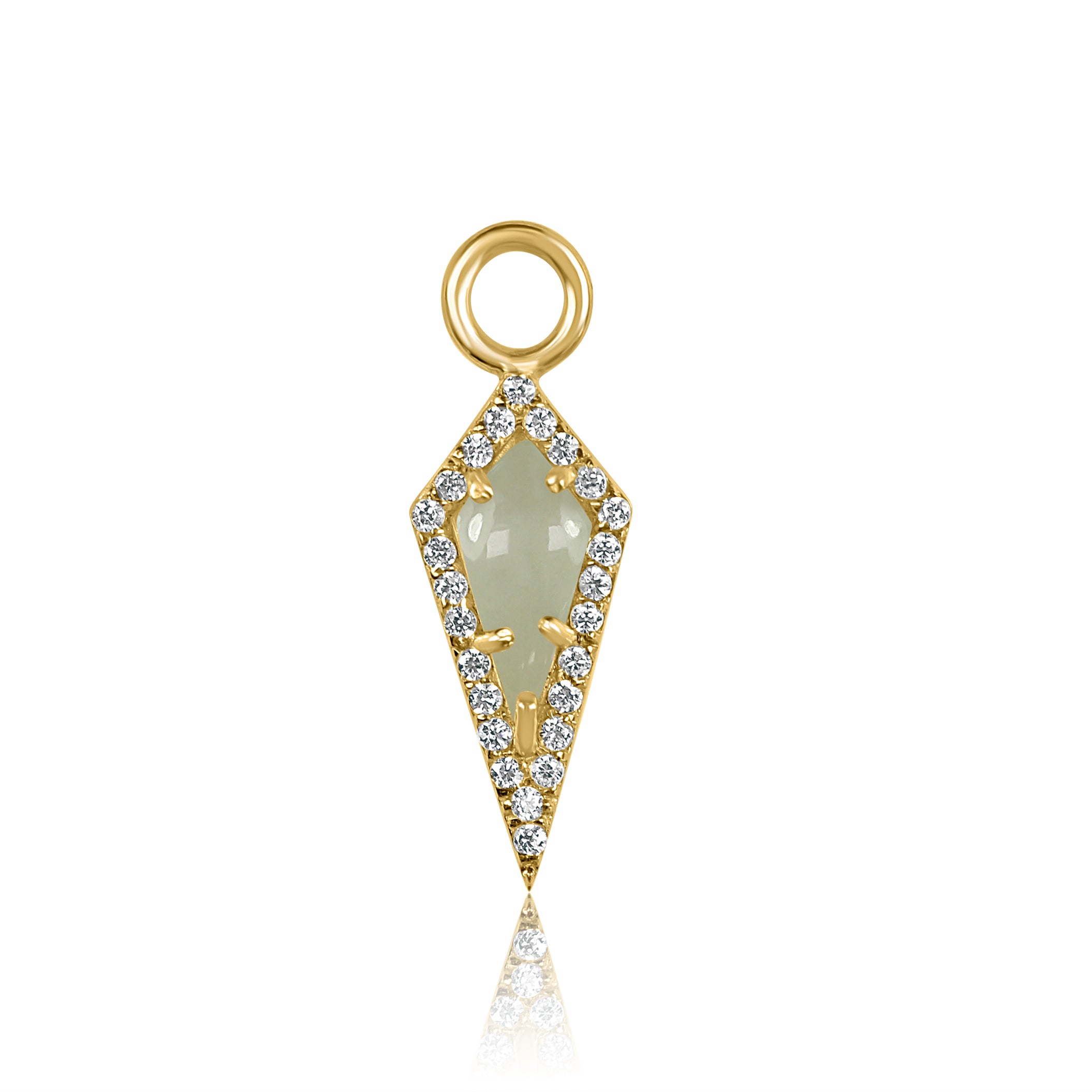 The AURA Mini Aqua Chalcedony Pavé Kite Charm by Crystal Heaven London is a limited edition gold pendant featuring a green Aqua Chalcedony gemstone in a diamond-studded triangular frame with a loop for hanging.