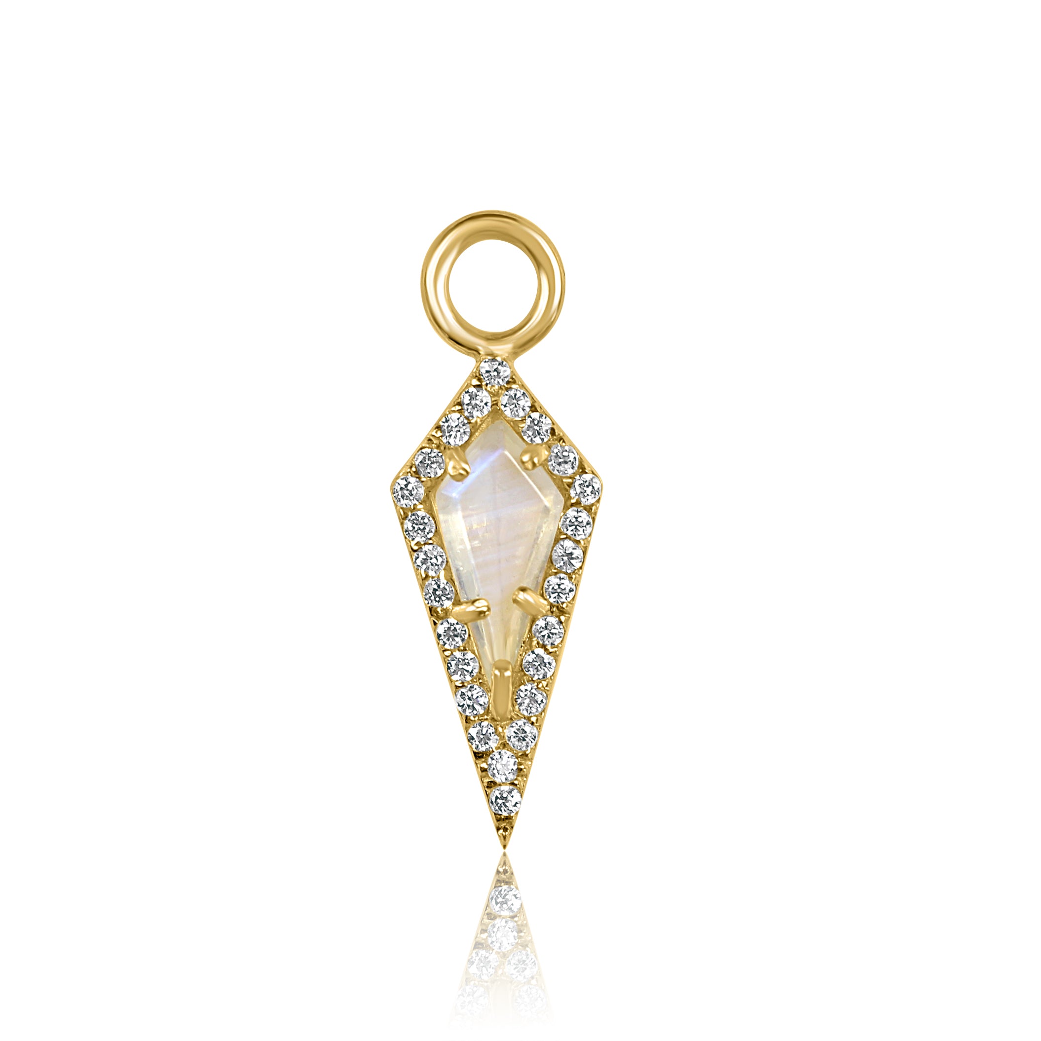 Crystal Heaven London's AURA Mini Moonstone Pavé Kite Charm features a geometric pointed design with a central translucent stone, surrounded by pavé diamonds.