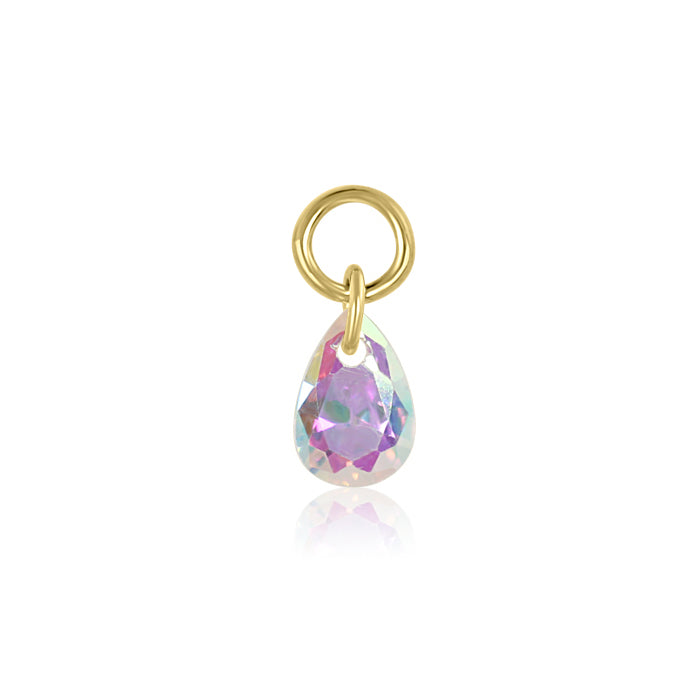 The Teardrop Crystal Charm - Mystic by Crystal Heaven London features a tear-shaped cubic zirconia pendant with a gold loop, adding an enchanting touch to earring charms.