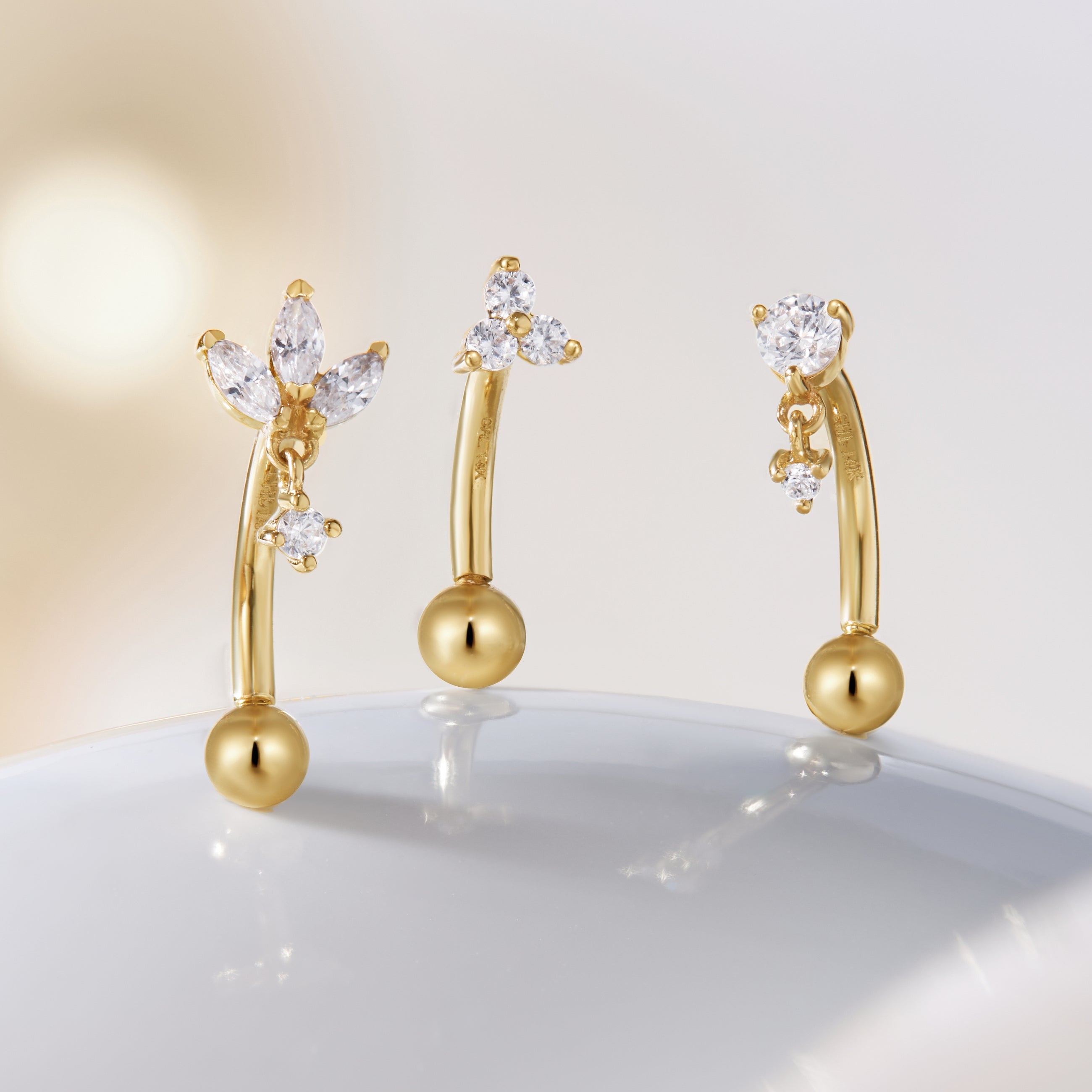 Trinity Crystal Curved Rook Barbell - 14K Yellow Gold