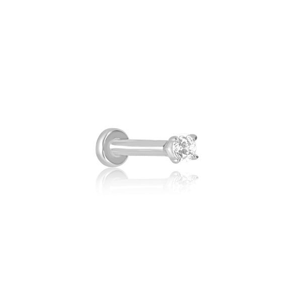 Tiny Crystal Labret Cartilage Earring - 14K Solid White Gold