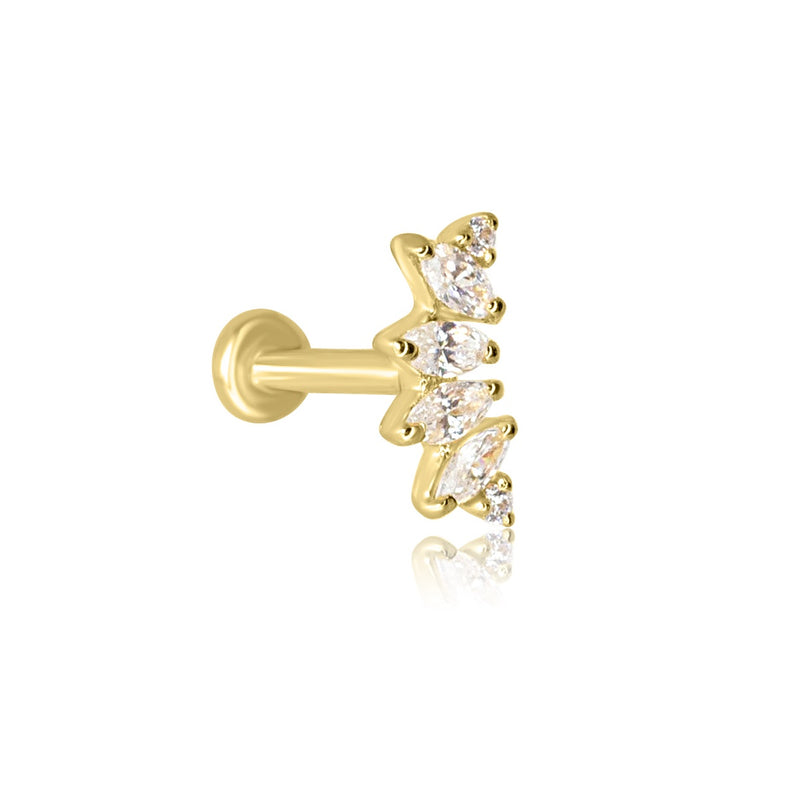 Curved Marquise Crystal Flat Back Labret Stud - 14K Solid Yellow Gold 
