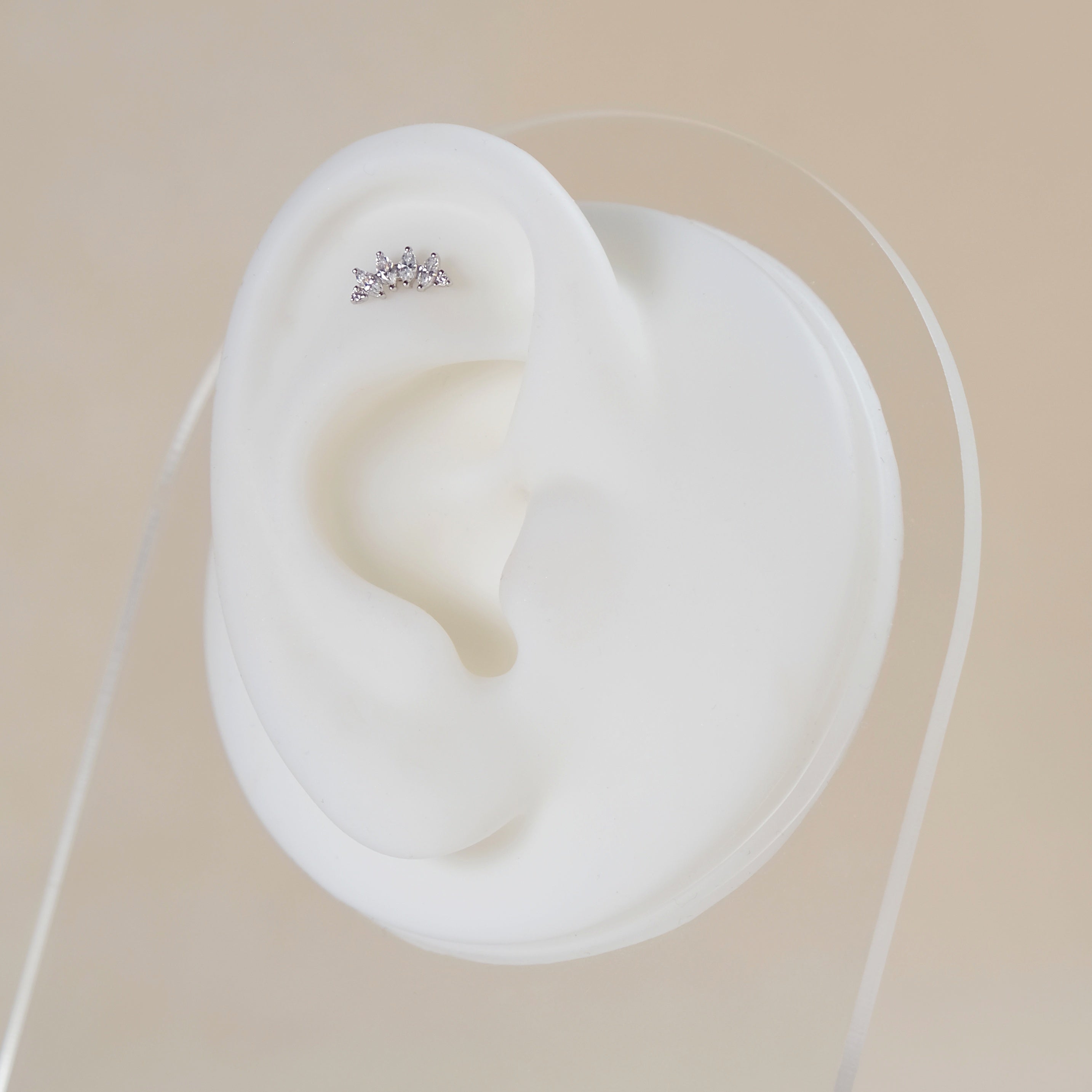 Curved Marquise Crystal Flat Back Labret Stud - 14K Solid White Gold 