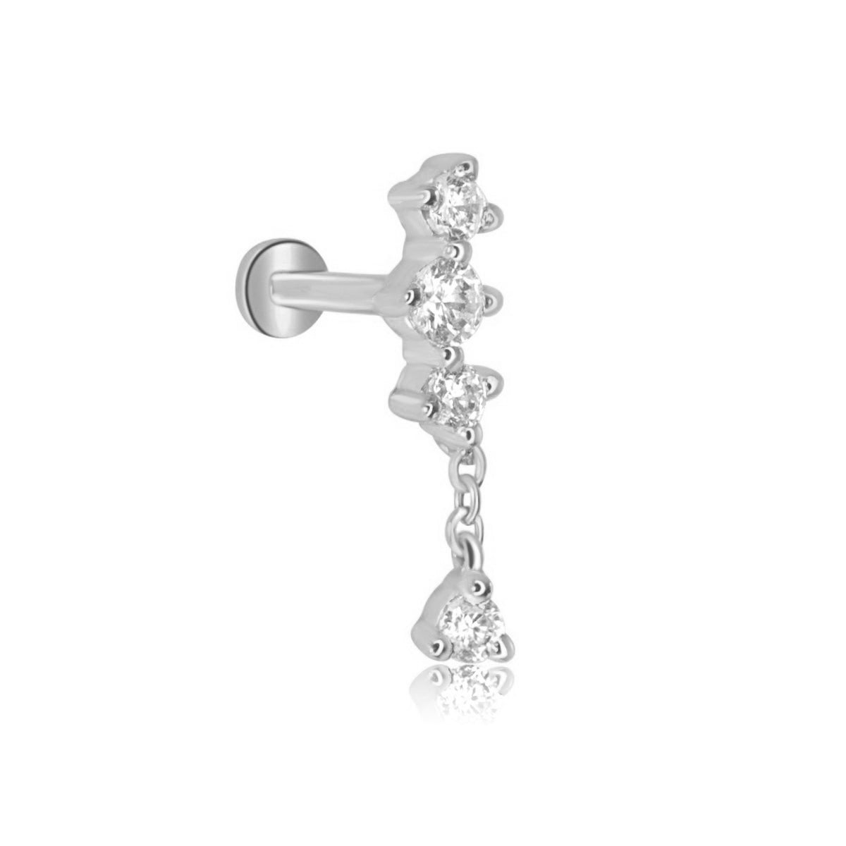 Dangle Chain Crystal Helix Labret Stud - 14K Solid White Gold 