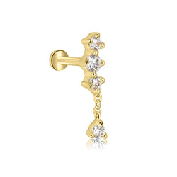 Dangle Chain Crystal Helix Labret Stud - 14K Solid Yellow Gold 