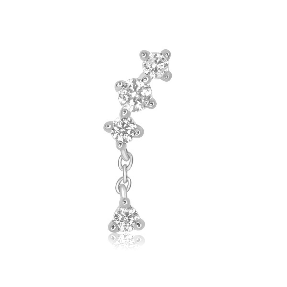 Dangle Chain Crystal Helix Labret Stud - 14K Solid White Gold 